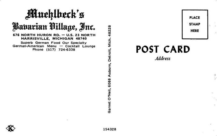 Alcona Brew Haus (Muehlbecks Bavarian Village) - Old Postcard Back (newer photo)